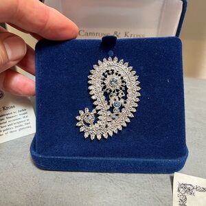 Camrose and Kross Rhinestone Diamond and Sapphire Silver Paisley Brooch